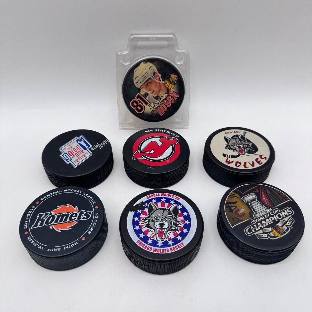 NHL AHL CHL Hockey Pucks Black Multi Blackhawks Devils Wolves Gretzky Komets 7pc